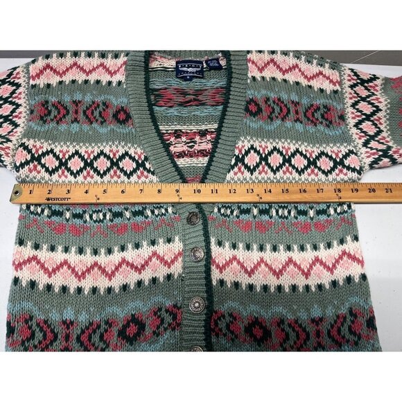 VTG Knit Cardigan Sweater Womens Small Fair Isle Nordic Cottagecore Green Pink - Picture 4 of 8